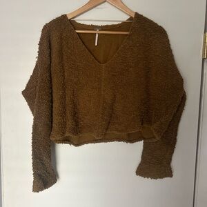 Free People Brown V-Neck Cropped Sweater